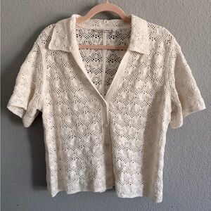 Abercrombie & Fitch White Crochet Button Front Top | Short Sleeve | Size XL